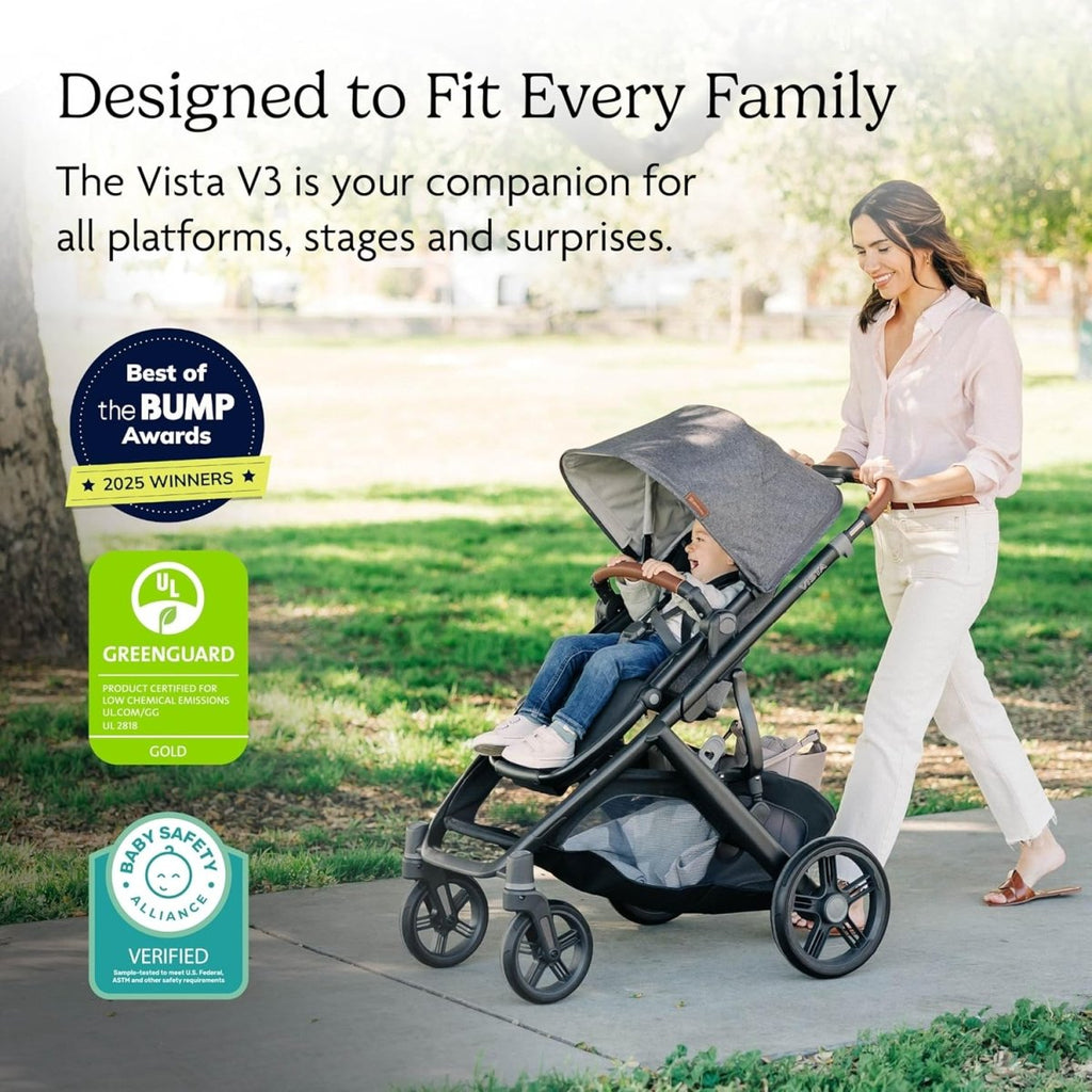 UPPAbaby Vista V3 Stroller - Full - Size Single - to - Double Stroller System - Toddler Seat, Bug Shield, Rain Shield, and Storage Bag Included - Gwen (Green Mélange/Carbon Frame/Saddle Leather) - LittleTreasures