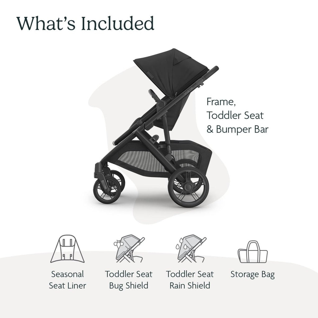 UPPAbaby Vista V3 Stroller - Full - Size Single - to - Double Stroller System - Toddler Seat, Bug Shield, Rain Shield, and Storage Bag Included - Jake (Charcoal/Carbon Frame/Black Leather) - LittleTreasures