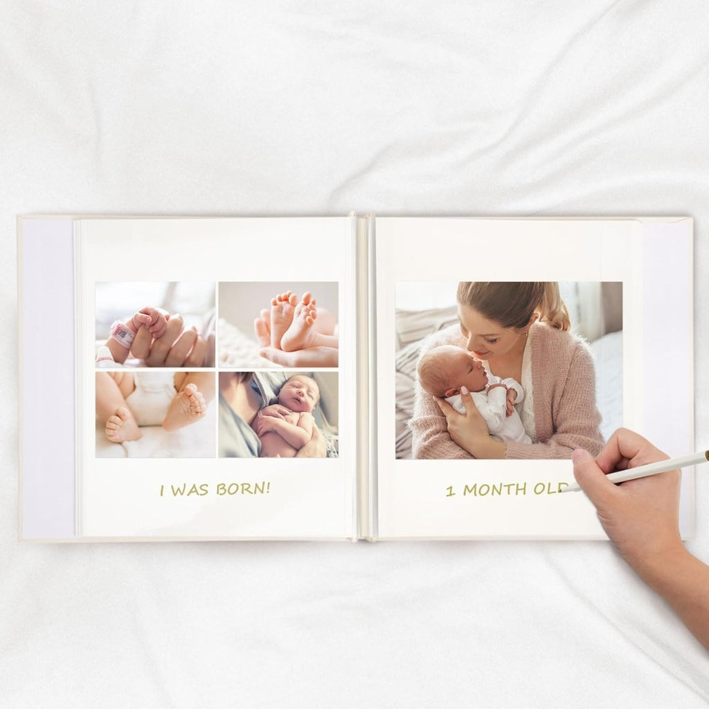 Vienrose Self Adhesive Photo Album 4x6 with Window Baby Memory Book Linen Cover with PVC Cover Photo Sleeve & 2 Decorative Cards DIY Scrapbook for Newborn, Baby Shower 20 Sheets 40 Pages Beige - LittleTreasures
