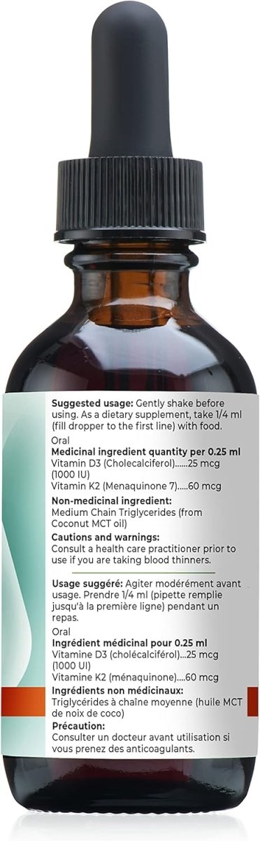 Vitamin D3 K2 (MK - 7) Liquid Drops, 1000 IU of sublingual D3 with Coconut MCT Oil, for Strong Bones and Teeth, Heart and Immune Support - Unflavored - LittleTreasures