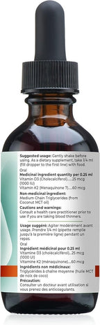 Vitamin D3 K2 (MK - 7) Liquid Drops, 1000 IU of sublingual D3 with Coconut MCT Oil, for Strong Bones and Teeth, Heart and Immune Support - Unflavored - LittleTreasures