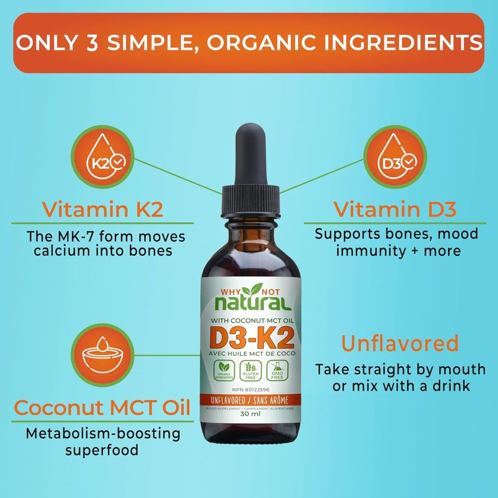 Vitamin D3 K2 (MK - 7) Liquid Drops, 1000 IU of sublingual D3 with Coconut MCT Oil, for Strong Bones and Teeth, Heart and Immune Support - Unflavored - LittleTreasures