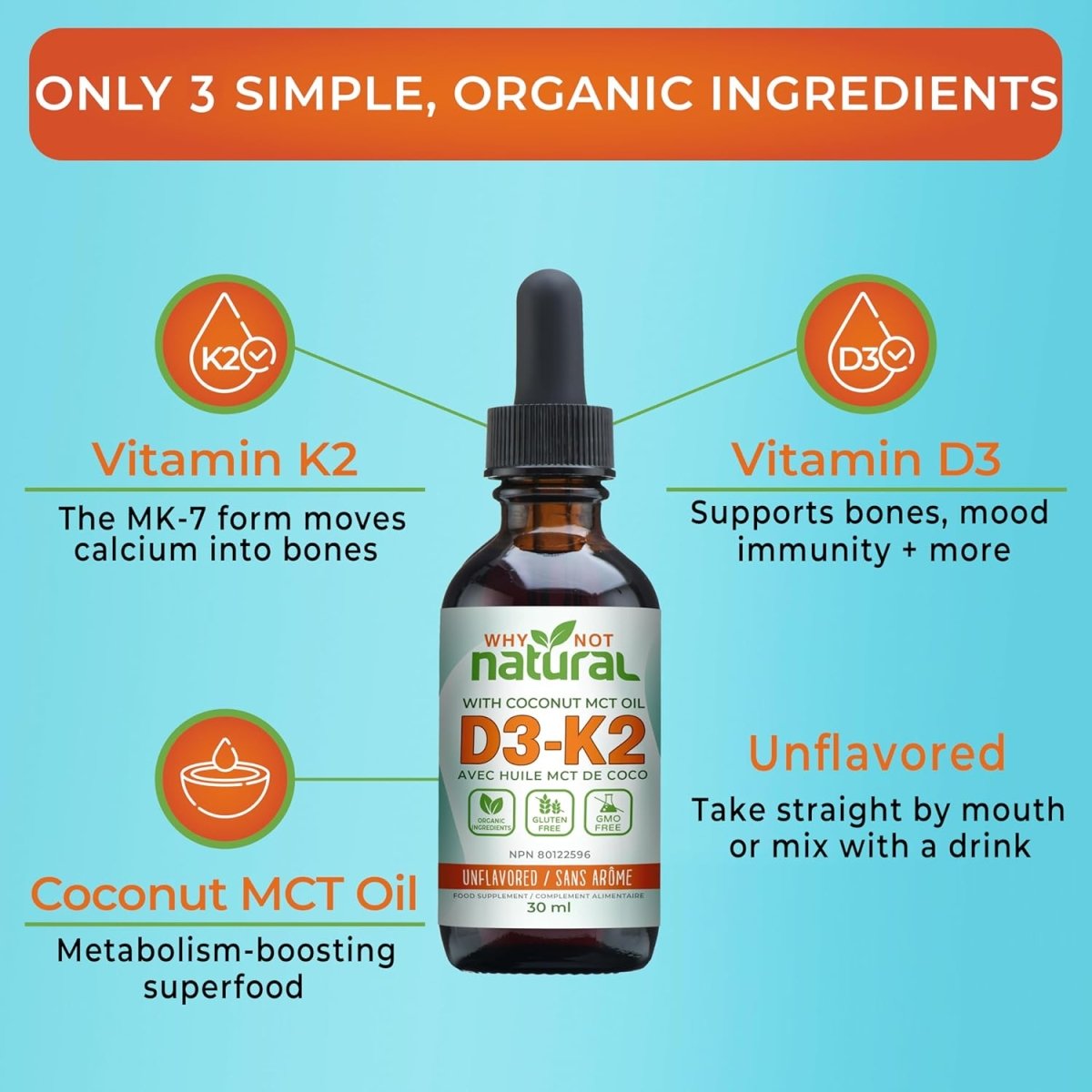 Vitamin D3 K2 (MK - 7) Liquid Drops, 1000 IU of sublingual D3 with Coconut MCT Oil, for Strong Bones and Teeth, Heart and Immune Support - Unflavored - LittleTreasures
