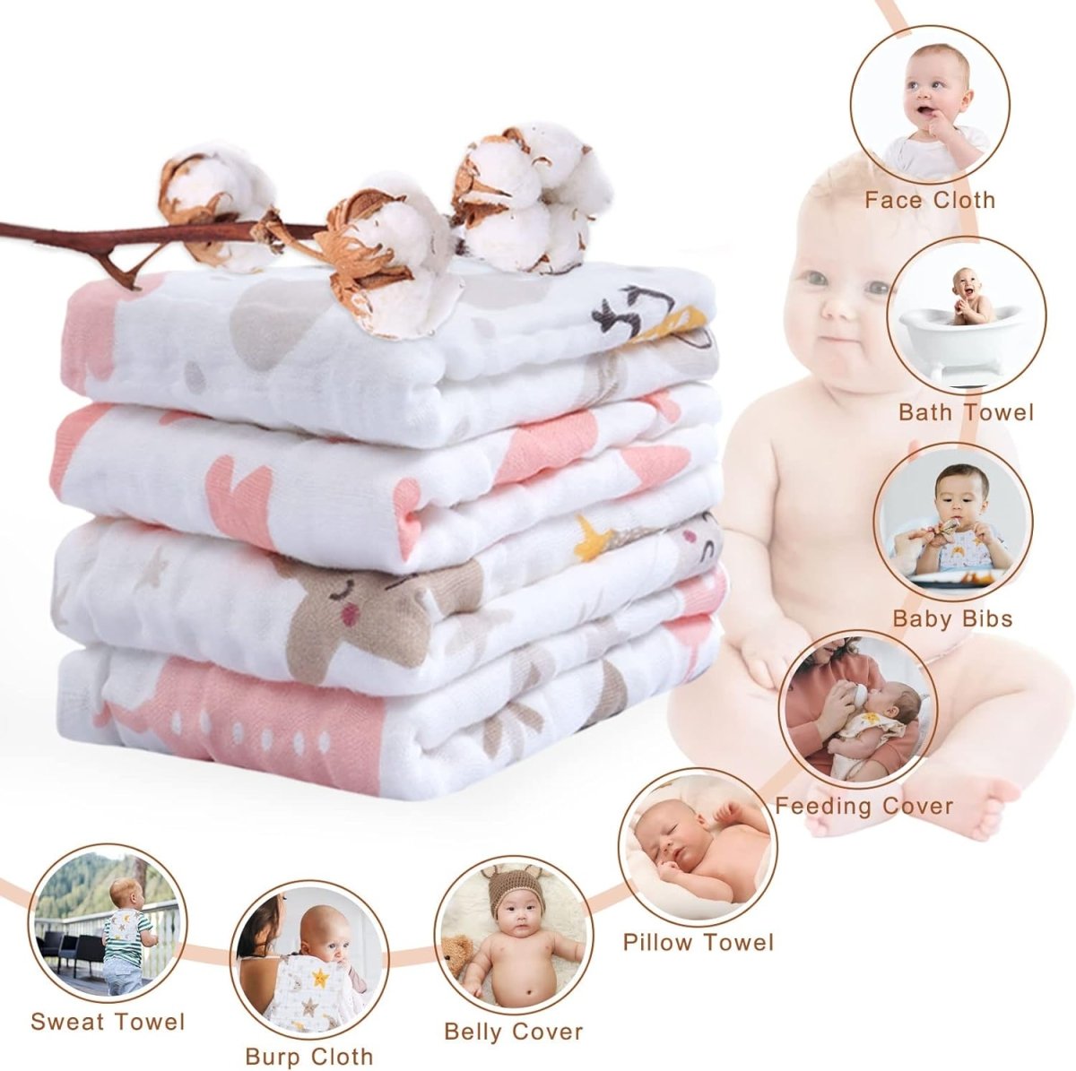 Viviland 100% Cotton Baby Muslin Burp Cloths - Soft & Absorbent - LittleTreasures