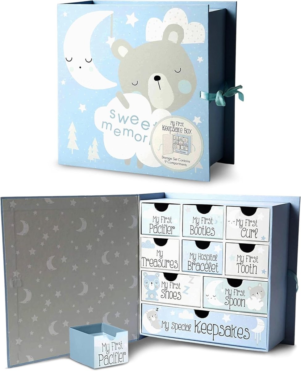 Votum Baby Keepsake Box for Treasured Memories, Moon & Stars - Lightweight, Handcrafted Baby Boxes with 9 Labeled Compartments for First Memories - Gender Neutral Baby Shower Gifts for Girls, Boys - LittleTreasures