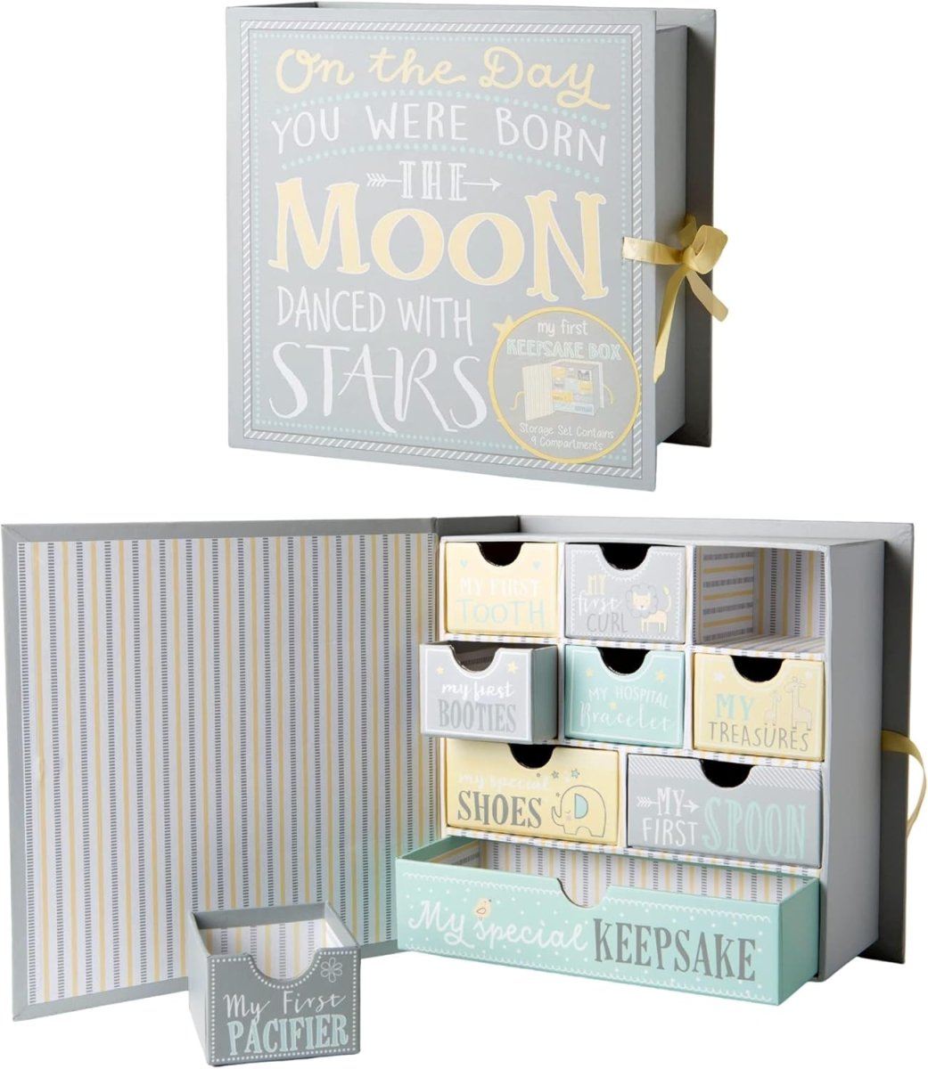 Votum Baby Keepsake Box for Treasured Memories, Moon & Stars - Lightweight, Handcrafted Baby Boxes with 9 Labeled Compartments for First Memories - Gender Neutral Baby Shower Gifts for Girls, Boys - LittleTreasures