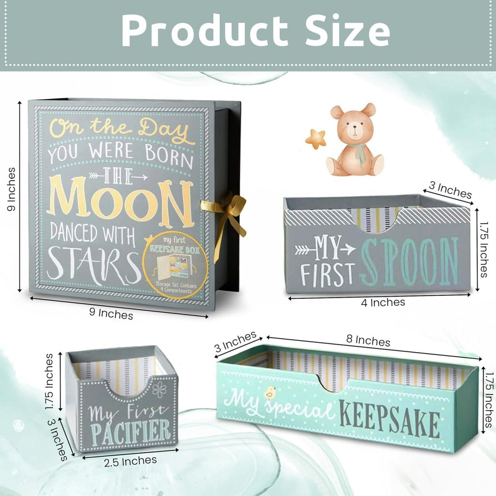 Votum Baby Keepsake Box for Treasured Memories, Moon & Stars - Lightweight, Handcrafted Baby Boxes with 9 Labeled Compartments for First Memories - Gender Neutral Baby Shower Gifts for Girls, Boys - LittleTreasures