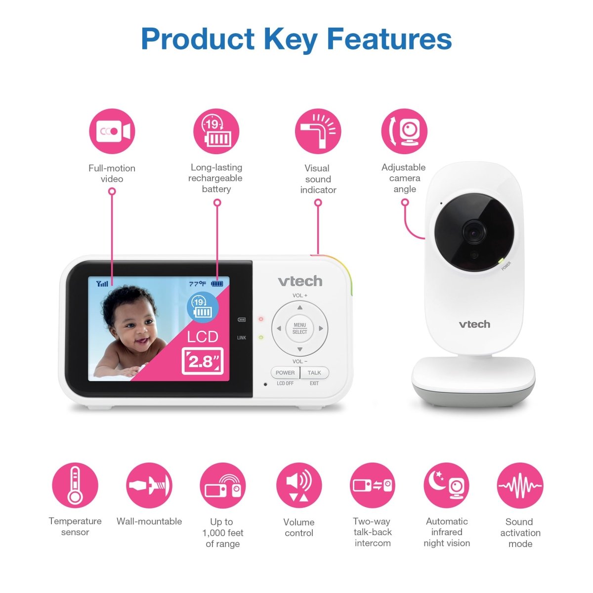VTech VM819 Baby Monitor, 2.8” Screen, Night Vision, 2 - Way Audio, Temperature Sensor and Lullabies, Secure Transmission No WiFi - LittleTreasures