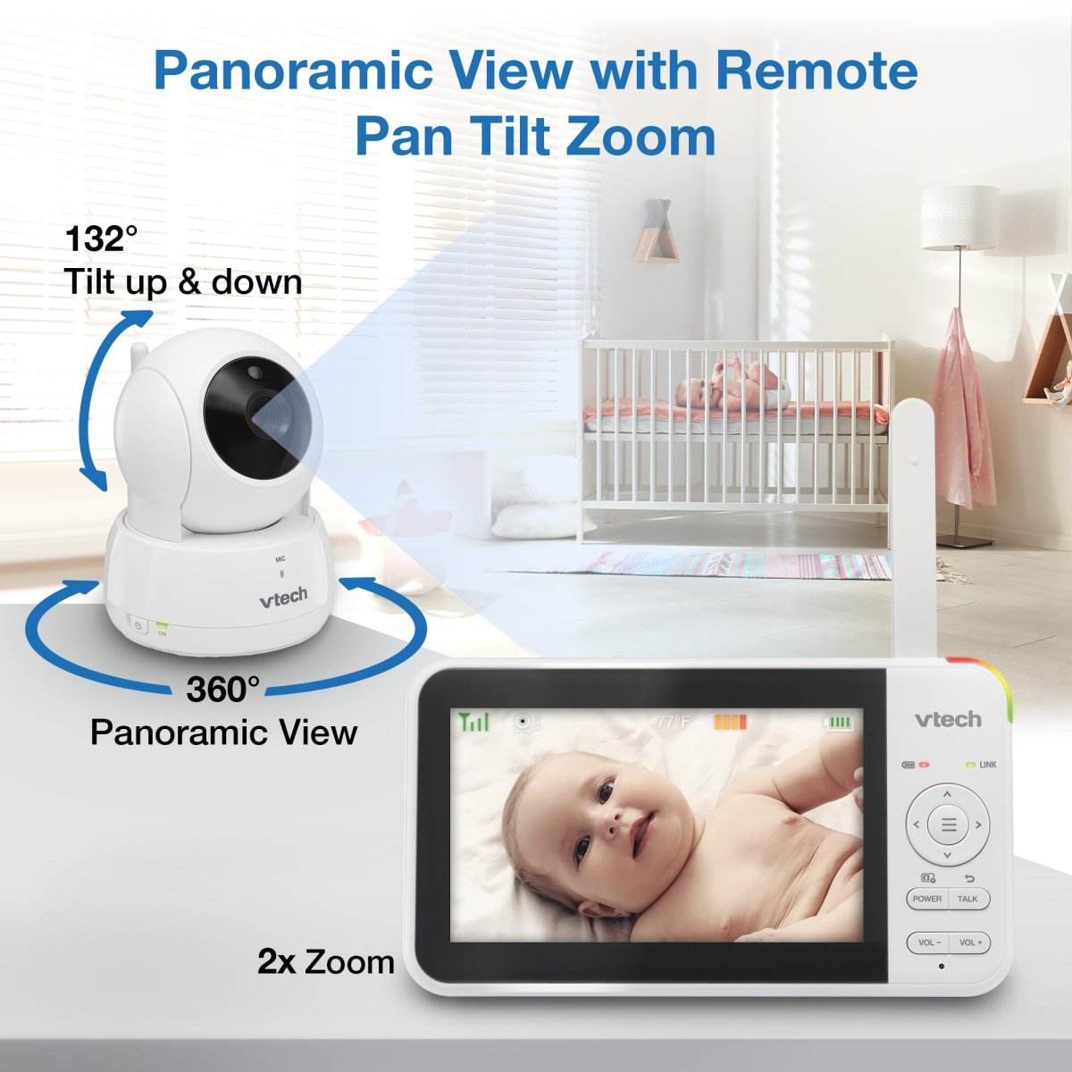 VTech VM924 Pan & Tilt Video Baby Monitor, 5" LCD Screen, Up to 17 Hrs Video Battery Life, Plug & Play, 1.33x Zoom, Night Vision, Up to 1000ft Range, Soothing Sounds, 2 - Way Talk, Secured Transmission - LittleTreasures