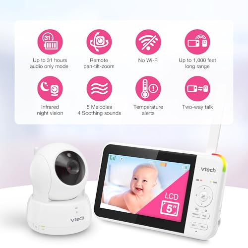 VTech VM924 Pan & Tilt Video Baby Monitor, 5" LCD Screen, Up to 17 Hrs Video Battery Life, Plug & Play, 1.33x Zoom, Night Vision, Up to 1000ft Range, Soothing Sounds, 2 - Way Talk, Secured Transmission - LittleTreasures