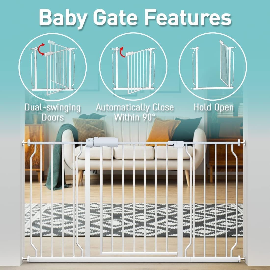 WAOWAO Baby Gate 100.00 - 109.45inch Extra Wide Pressure Mounted Walk Through Swing Auto Close Safety White Metal Toddler Kids Child Dog Pet Puppy Cat for Stairs, Doorways, Kitchen - LittleTreasures