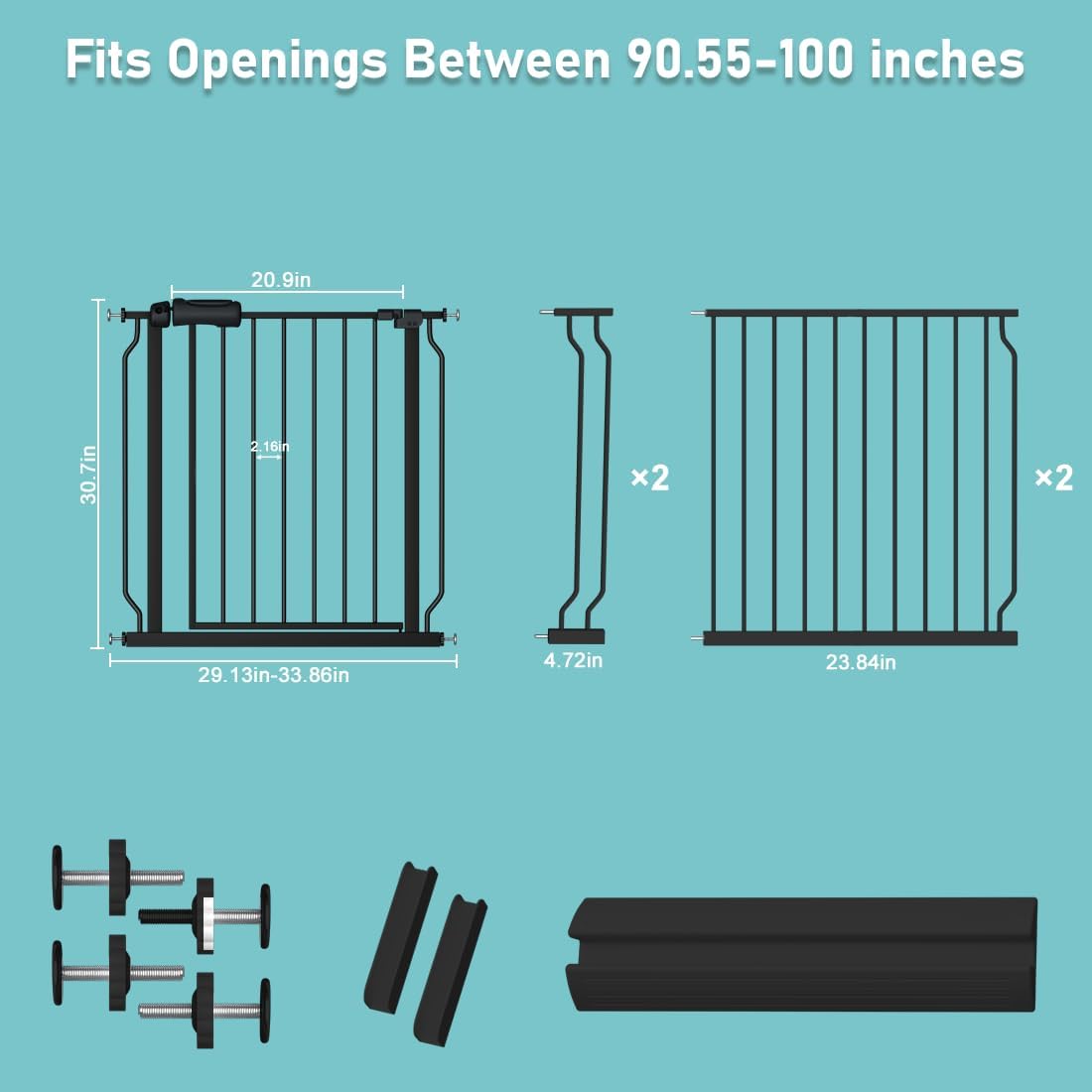 WAOWAO Baby Gate 90.55 - 100.00inch Extra Wide Pressure Mounted Walk Through Swing Auto Close Safety Black Metal Toddler Kids Child Dog Pet Puppy Cat for Stairs, Doorways, Kitchen - LittleTreasures