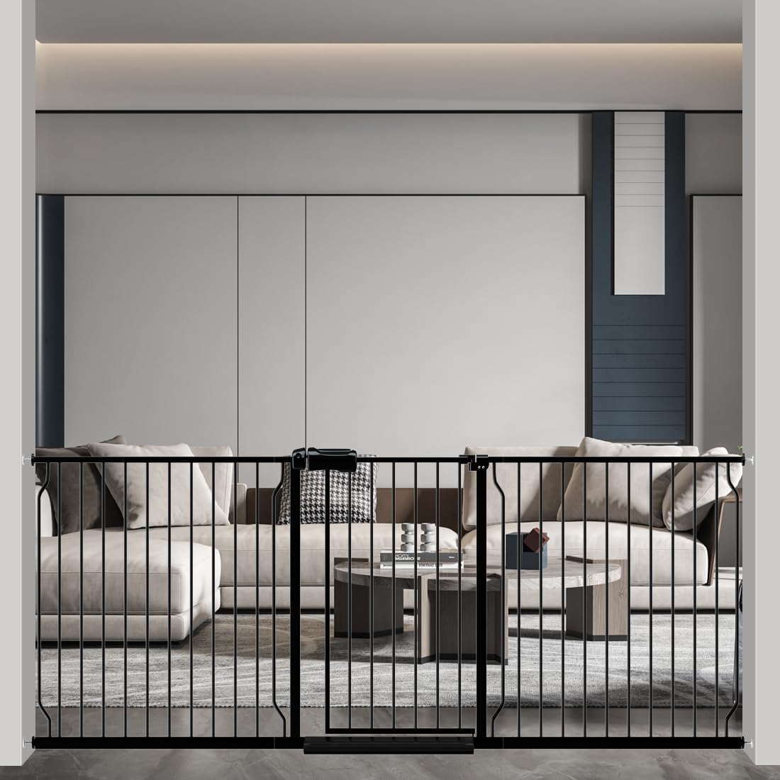 WAOWAO Baby Gate 90.55 - 100.00inch Extra Wide Pressure Mounted Walk Through Swing Auto Close Safety Black Metal Toddler Kids Child Dog Pet Puppy Cat for Stairs, Doorways, Kitchen - LittleTreasures