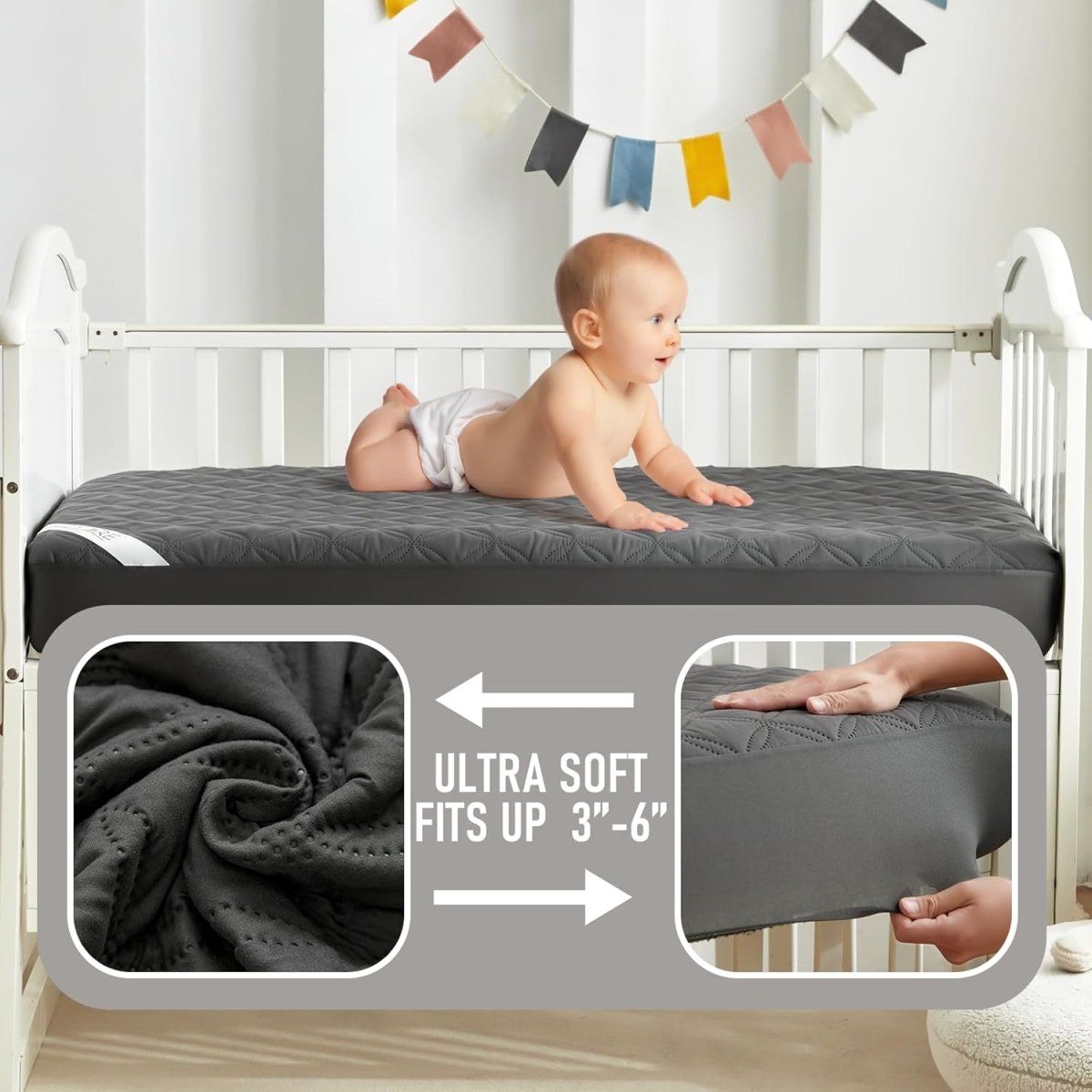 Waterproof Mattress Protector Crib, Soft & Skin Friendly Gray Mattress Pads 2 Pack, Dirt - Proof & Noiseless Mattress Cover Fits Baby Crib Toddler Bed (52''x28'') - LittleTreasures
