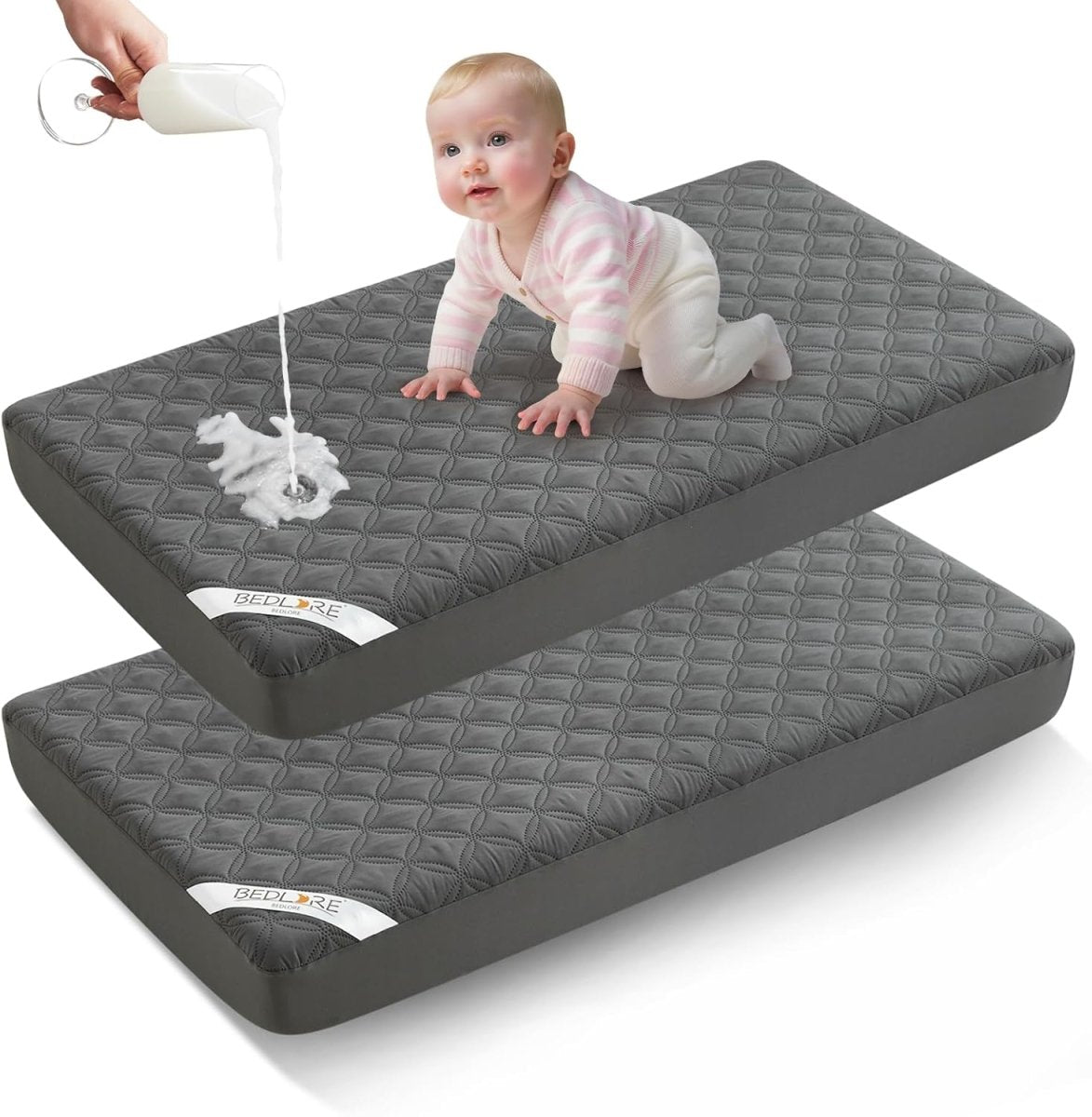 Waterproof Mattress Protector Crib, Soft & Skin Friendly Gray Mattress Pads 2 Pack, Dirt - Proof & Noiseless Mattress Cover Fits Baby Crib Toddler Bed (52''x28'') - LittleTreasures