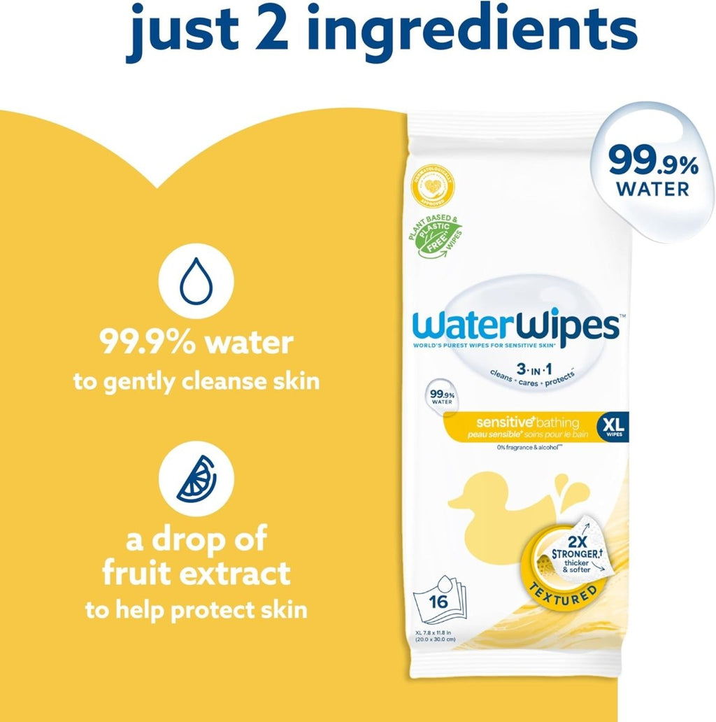 WaterWipes Sensitive+ Bathing Wipes, 3 - In - 1 Cleans, Cares, Protects, 99.9% Water, Unscented & Hypoallergenic, 16 Count (1 Pack) - LittleTreasures