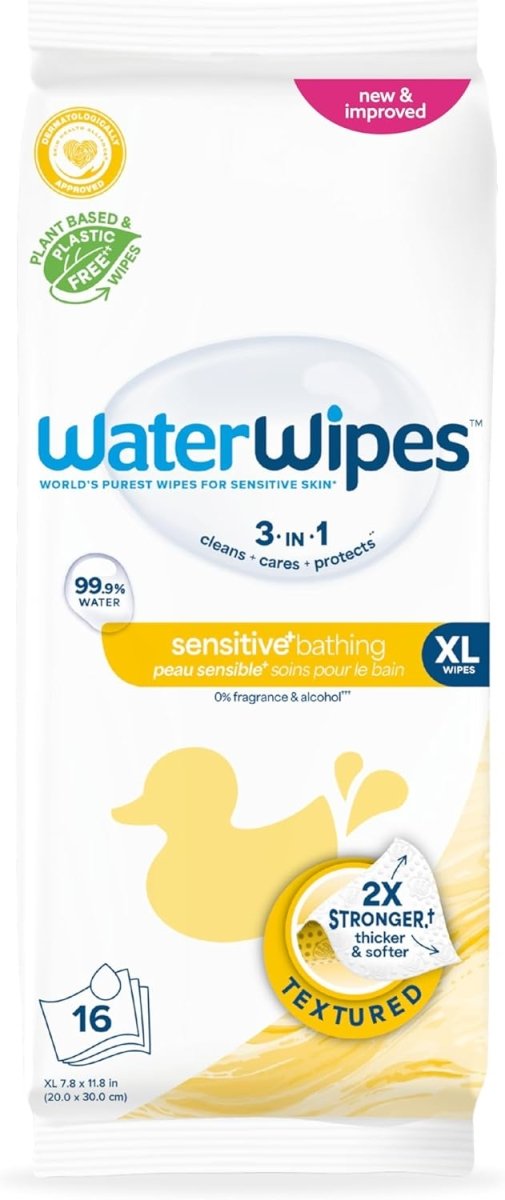WaterWipes Sensitive+ Bathing Wipes, 3 - In - 1 Cleans, Cares, Protects, 99.9% Water, Unscented & Hypoallergenic, 16 Count (1 Pack) - LittleTreasures