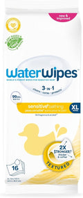 WaterWipes Sensitive+ Bathing Wipes, 3 - In - 1 Cleans, Cares, Protects, 99.9% Water, Unscented & Hypoallergenic, 16 Count (1 Pack) - LittleTreasures