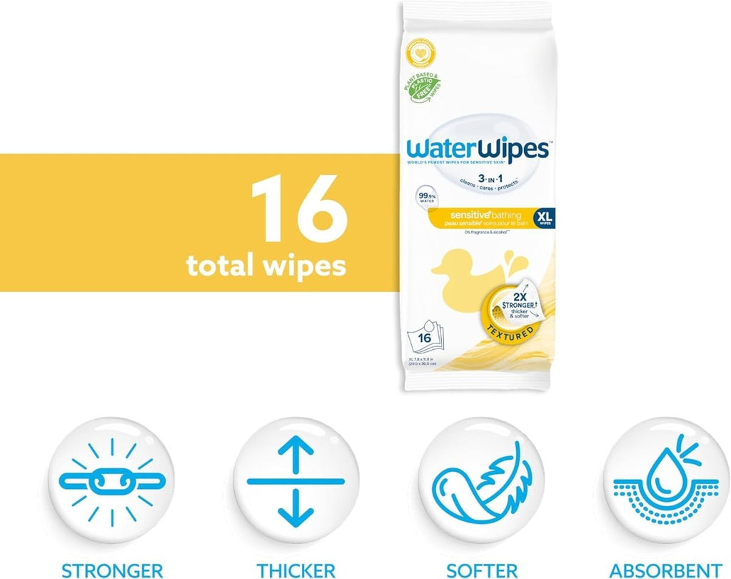 WaterWipes Sensitive+ Bathing Wipes, 3 - In - 1 Cleans, Cares, Protects, 99.9% Water, Unscented & Hypoallergenic, 16 Count (1 Pack) - LittleTreasures