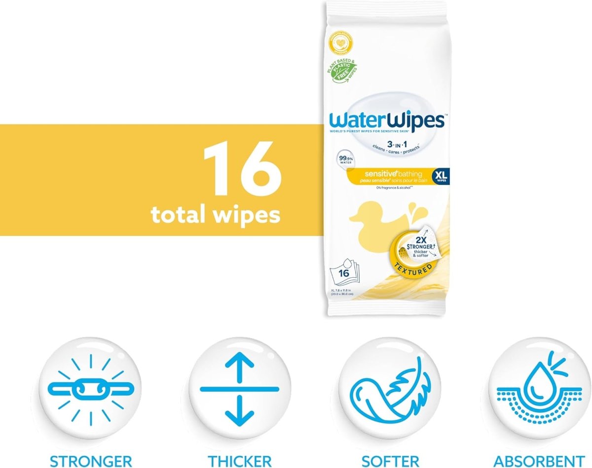 WaterWipes Sensitive+ Bathing Wipes, 3 - In - 1 Cleans, Cares, Protects, 99.9% Water, Unscented & Hypoallergenic, 16 Count (1 Pack) - LittleTreasures