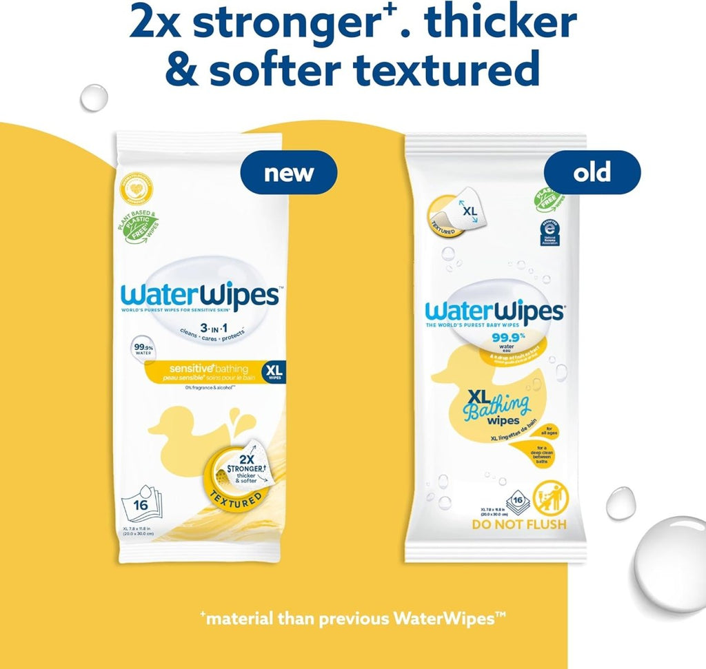 WaterWipes Sensitive+ Bathing Wipes, 3 - In - 1 Cleans, Cares, Protects, 99.9% Water, Unscented & Hypoallergenic, 16 Count (1 Pack) - LittleTreasures