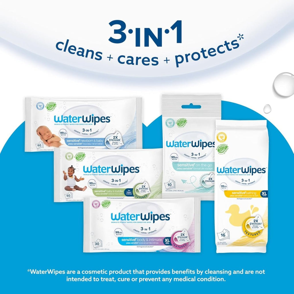 WaterWipes Sensitive+ Bathing Wipes, 3 - In - 1 Cleans, Cares, Protects, 99.9% Water, Unscented & Hypoallergenic, 16 Count (1 Pack) - LittleTreasures