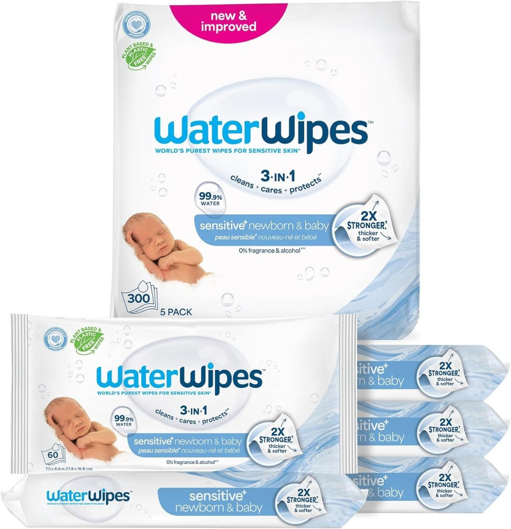 WaterWipes Sensitive+ Newborn & Baby Wipes, 3 - In - 1 Cleans, Cares, Protects, 99.9% Water, Unscented & Hypoallergenic, 720 Count (12 Packs) - LittleTreasures