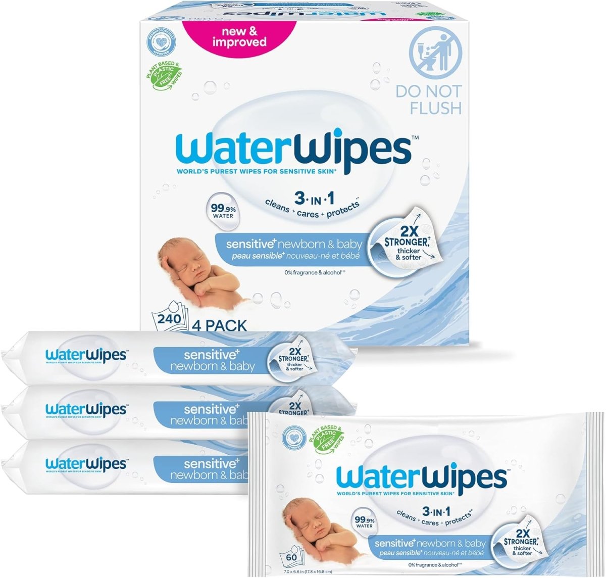 WaterWipes Sensitive+ Newborn & Baby Wipes, 3 - In - 1 Cleans, Cares, Protects, 99.9% Water, Unscented & Hypoallergenic, 720 Count (12 Packs) - LittleTreasures