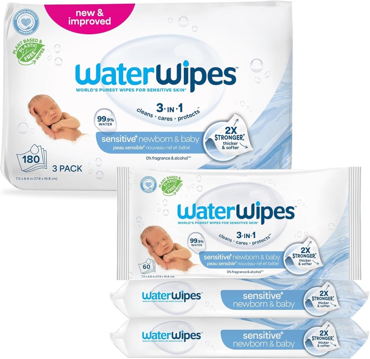 WaterWipes Sensitive+ Newborn & Baby Wipes, 3 - In - 1 Cleans, Cares, Protects, 99.9% Water, Unscented & Hypoallergenic, 720 Count (12 Packs) - LittleTreasures
