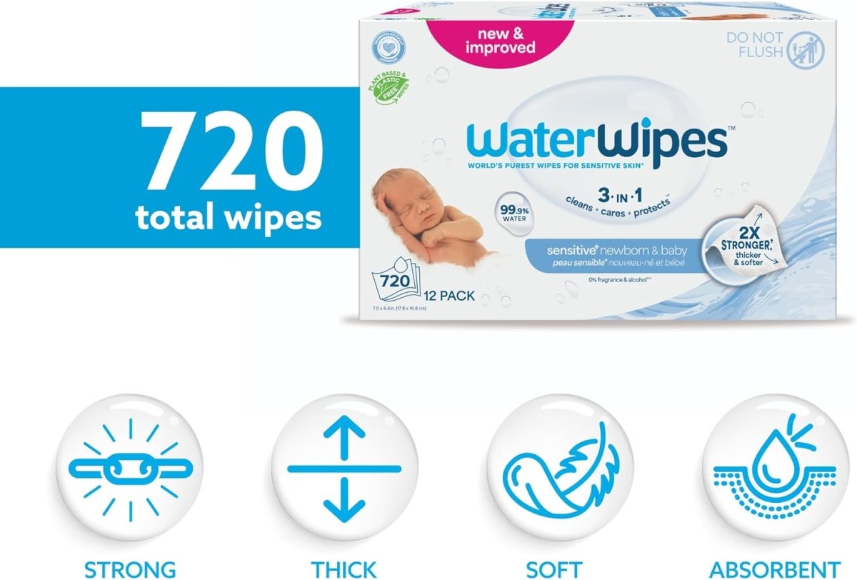 WaterWipes Sensitive+ Newborn & Baby Wipes, 3 - In - 1 Cleans, Cares, Protects, 99.9% Water, Unscented & Hypoallergenic, 720 Count (12 Packs) - LittleTreasures