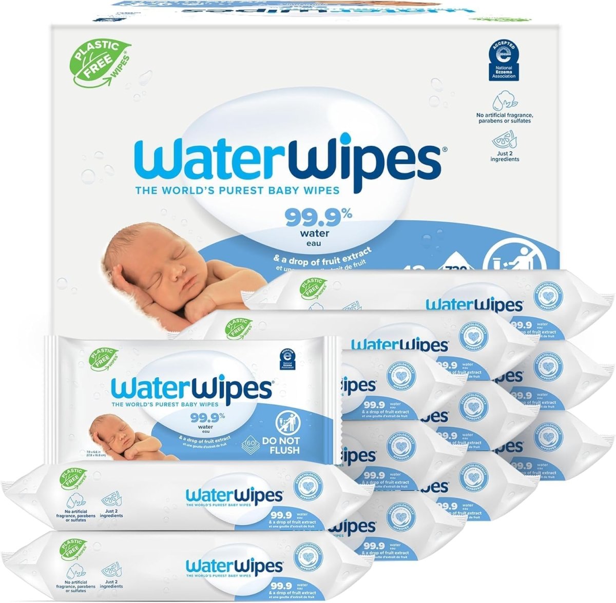 WaterWipes Sensitive+ Newborn & Baby Wipes, 3 - In - 1 Cleans, Cares, Protects, 99.9% Water, Unscented & Hypoallergenic, 720 Count (12 Packs) - LittleTreasures