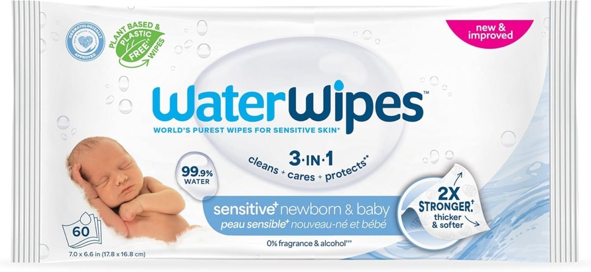WaterWipes Sensitive+ Newborn & Baby Wipes, 3 - In - 1 Cleans, Cares, Protects, 99.9% Water, Unscented & Hypoallergenic, 720 Count (12 Packs) - LittleTreasures