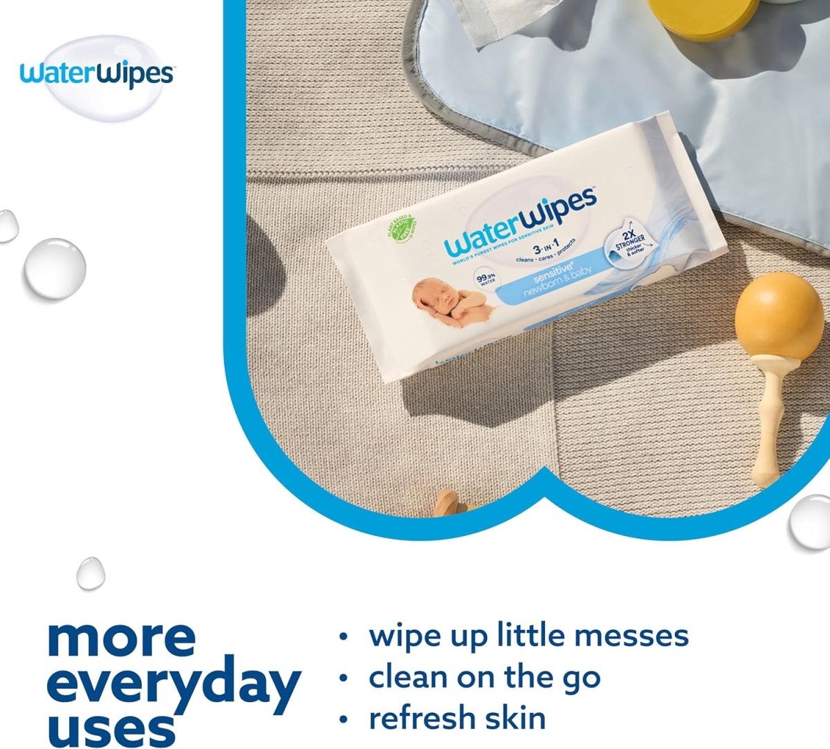 WaterWipes Sensitive+ Newborn & Baby Wipes, 3 - In - 1 Cleans, Cares, Protects, 99.9% Water, Unscented & Hypoallergenic, 720 Count (12 Packs) - LittleTreasures