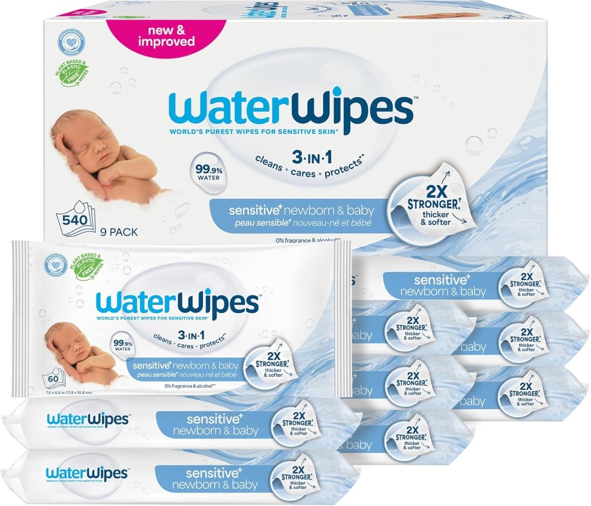 WaterWipes Sensitive+ Newborn & Baby Wipes, 3 - In - 1 Cleans, Cares, Protects, 99.9% Water, Unscented & Hypoallergenic, 720 Count (12 Packs) - LittleTreasures