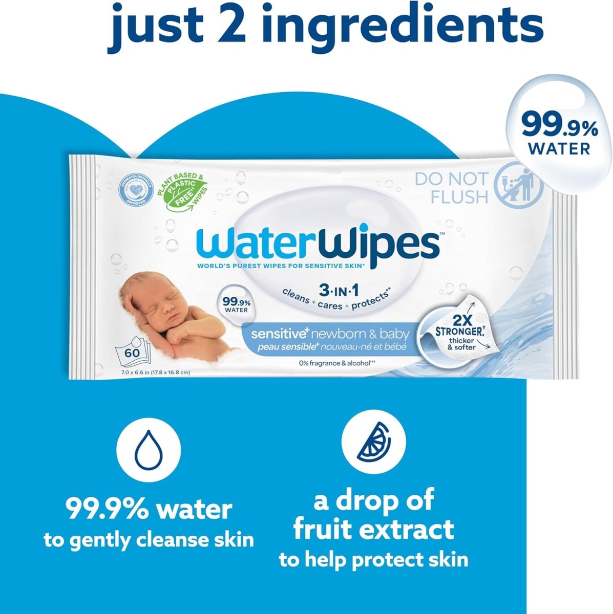 WaterWipes Sensitive+ Newborn & Baby Wipes, 3 - In - 1 Cleans, Cares, Protects, 99.9% Water, Unscented & Hypoallergenic, 720 Count (12 Packs) - LittleTreasures