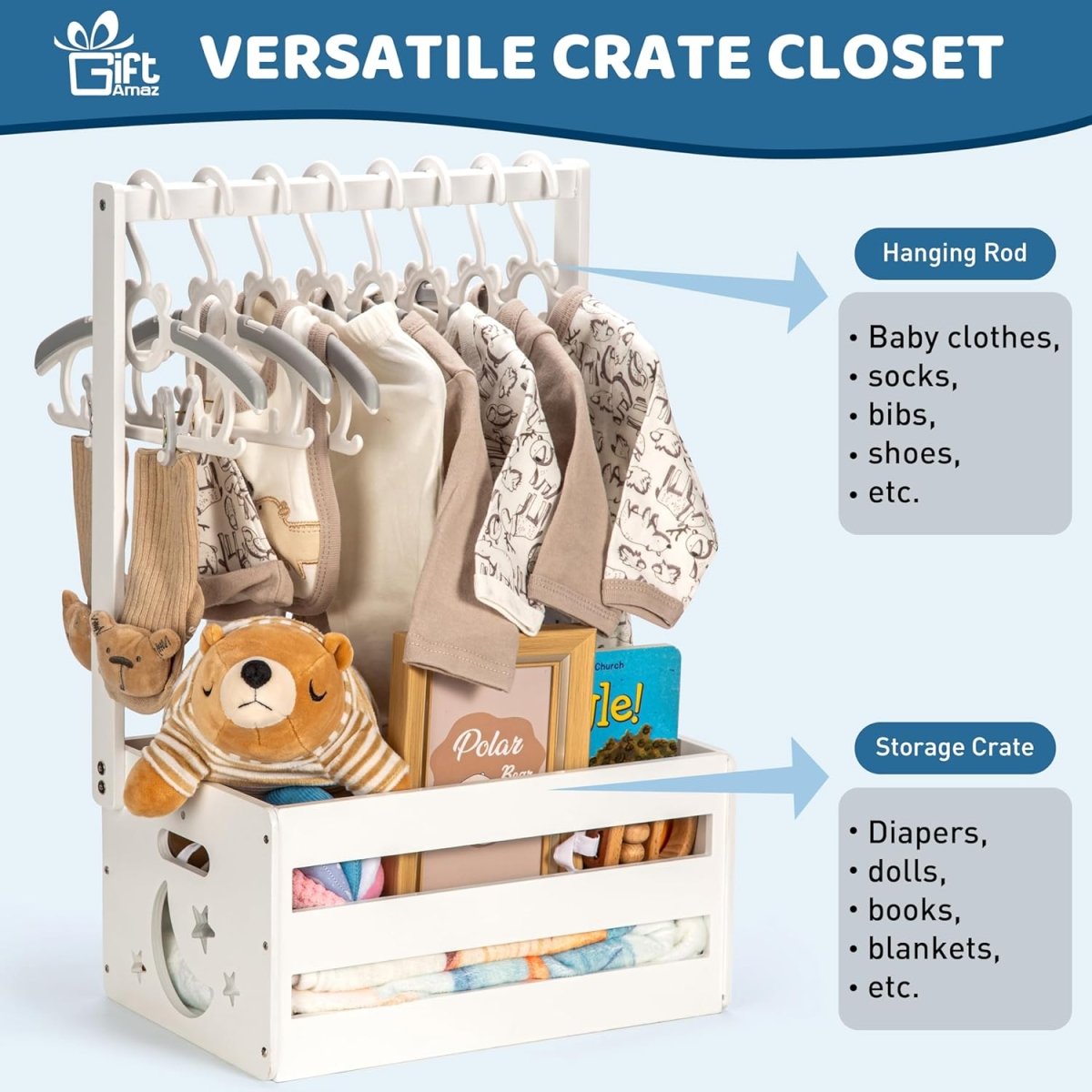 White Wooden Baby Shower Crate Closet, Baby Storage Crate with Handle, Basket for Baby Shower Gifts, Welcome Gift Basket for Newborn Boys Girls, Pregnancy Gifts for New Parents - LittleTreasures