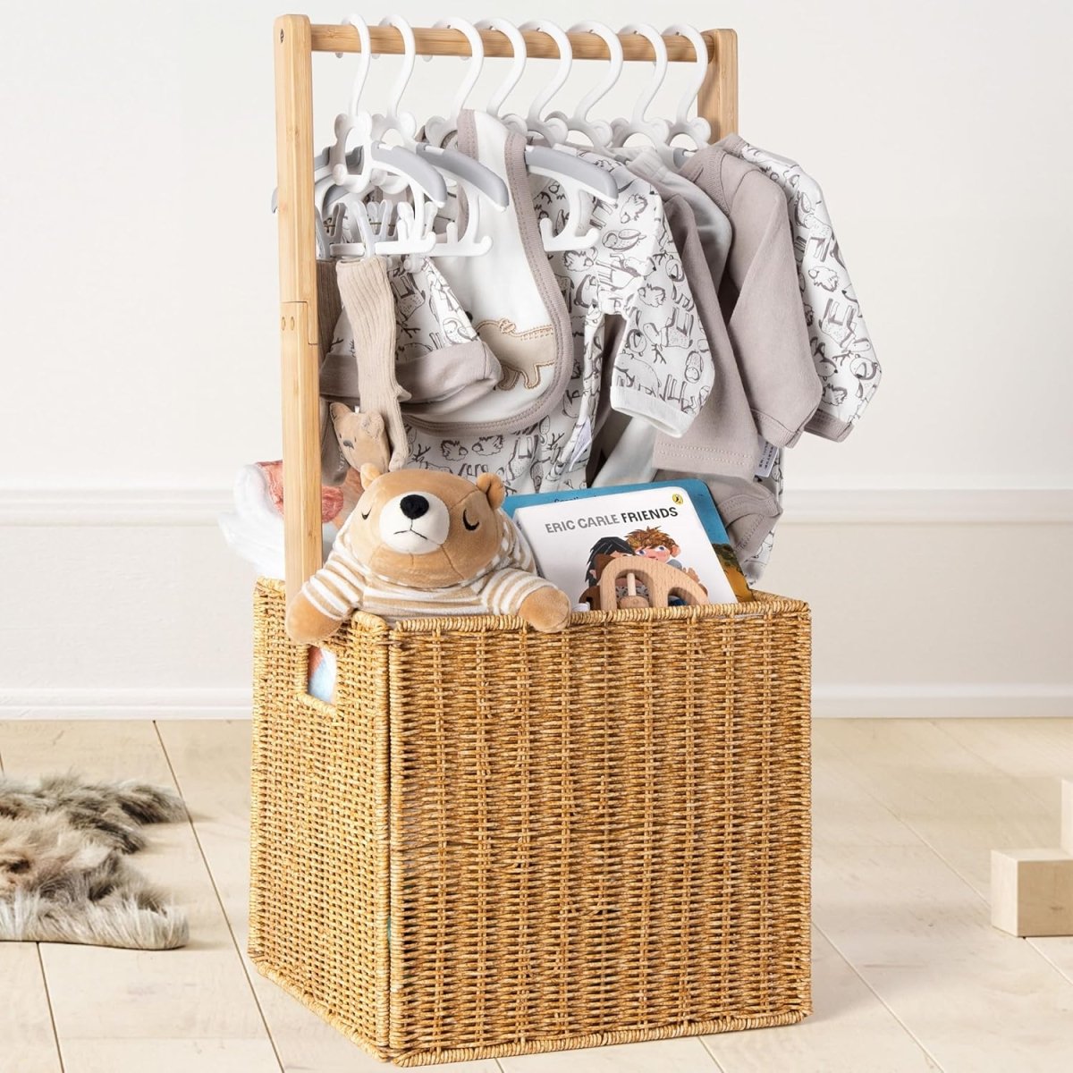White Wooden Baby Shower Crate Closet, Baby Storage Crate with Handle, Basket for Baby Shower Gifts, Welcome Gift Basket for Newborn Boys Girls, Pregnancy Gifts for New Parents - LittleTreasures
