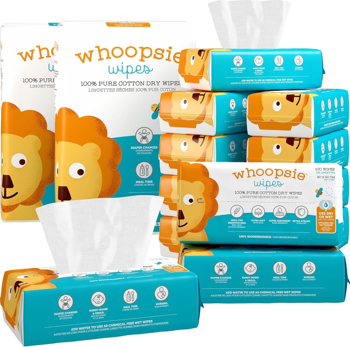 Whoopsie Wipes – The Original 100% Pure Cotton Dry Baby Wipes – Ultra Soft, Unscented, Chemical - Free Wipes for Sensitive Skin – Use Dry or Add Water for Wet Wipes – 6 Packs (600 Count) - LittleTreasures