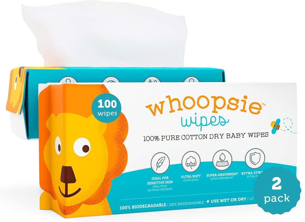 Whoopsie Wipes – The Original 100% Pure Cotton Dry Baby Wipes – Ultra Soft, Unscented, Chemical - Free Wipes for Sensitive Skin – Use Dry or Add Water for Wet Wipes – 6 Packs (600 Count) - LittleTreasures
