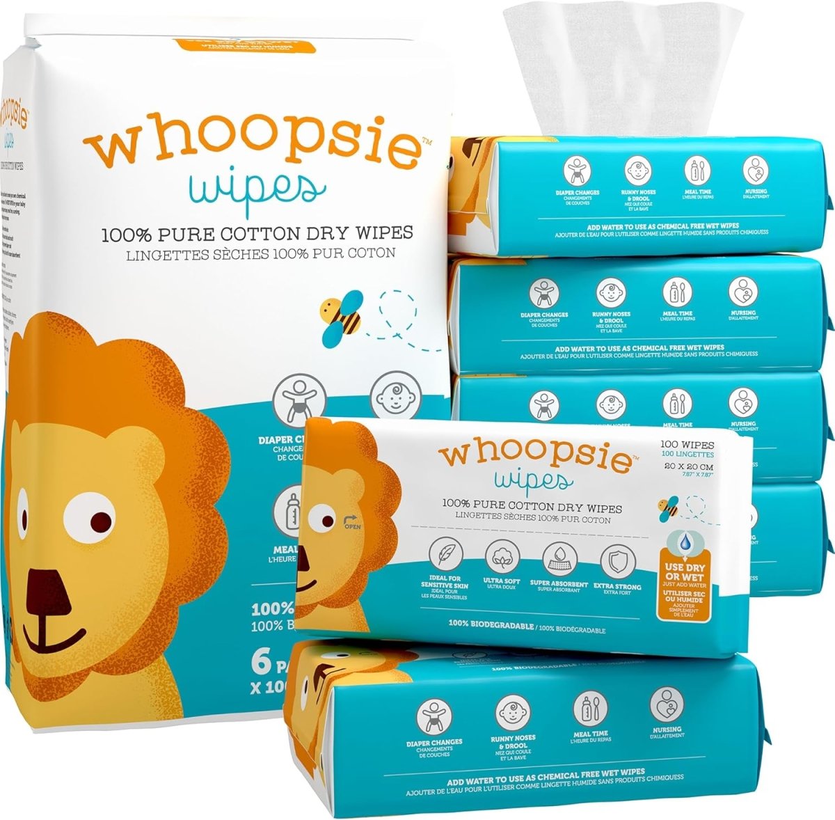 Whoopsie Wipes – The Original 100% Pure Cotton Dry Baby Wipes – Ultra Soft, Unscented, Chemical - Free Wipes for Sensitive Skin – Use Dry or Add Water for Wet Wipes – 6 Packs (600 Count) - LittleTreasures