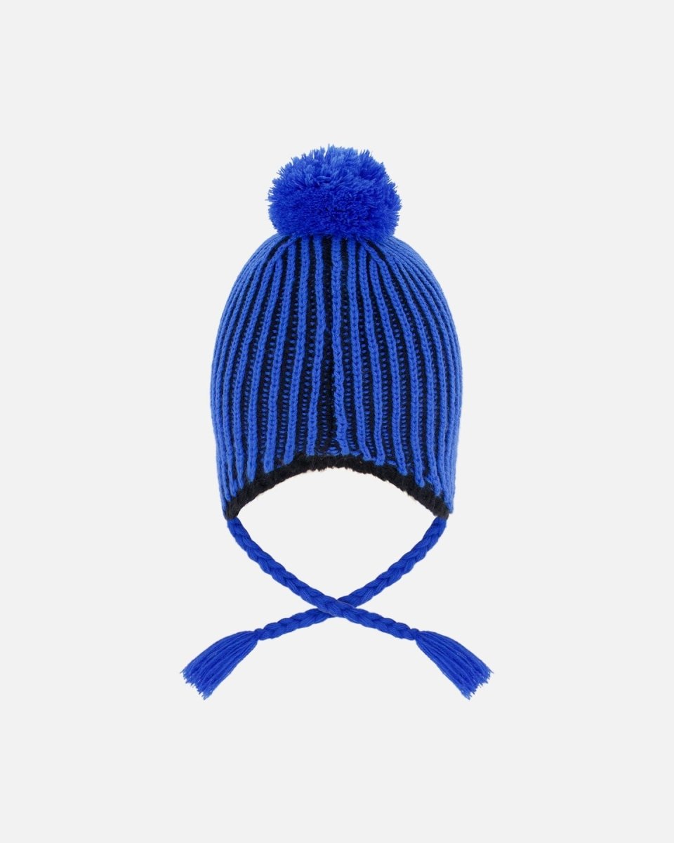 Winter Peruvian Knit Hat With Pompom And Lining Black And Blue - LittleTreasures