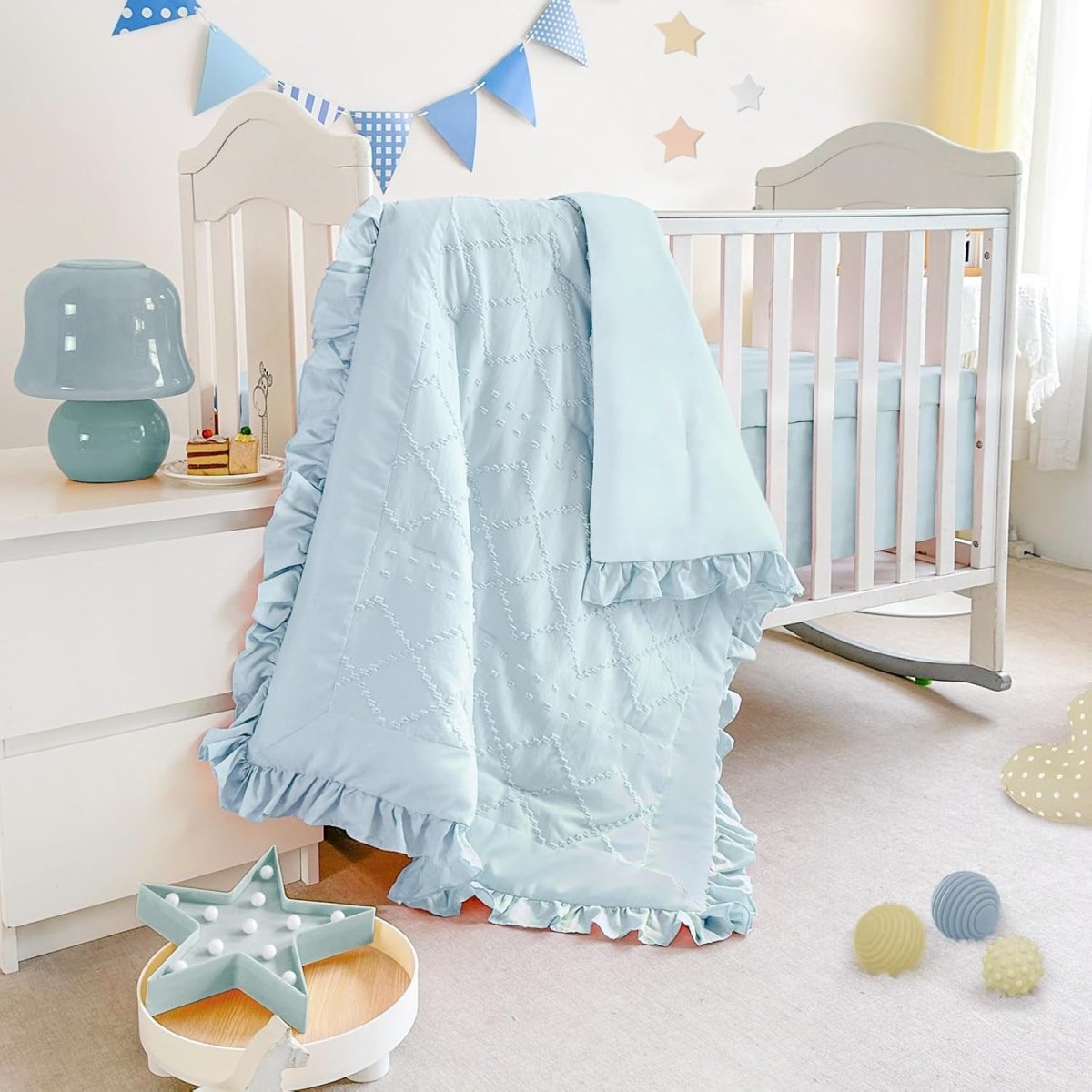 Wowelife Mini Crib Bedding Set for Girls, 3 Piece Tufted Jacquard Ruffle Fringe Baby Girl Crib Bedding Set Newborn, Infant & Nursery with Comforter, Crib Fitted Sheet and Crib Skirt, Blue - LittleTreasures
