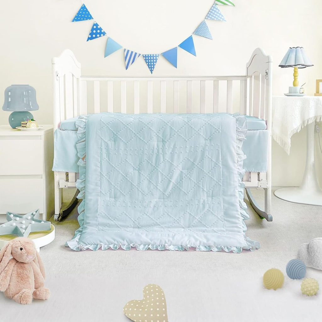 Wowelife Mini Crib Bedding Set for Girls, 3 Piece Tufted Jacquard Ruffle Fringe Baby Girl Crib Bedding Set Newborn, Infant & Nursery with Comforter, Crib Fitted Sheet and Crib Skirt, Blue - LittleTreasures