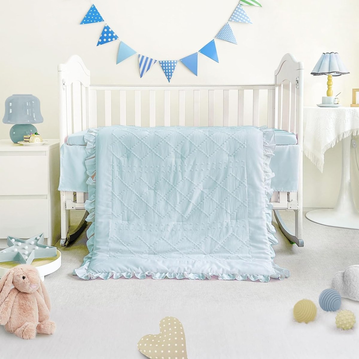 Wowelife Mini Crib Bedding Set for Girls, 3 Piece Tufted Jacquard Ruffle Fringe Baby Girl Crib Bedding Set Newborn, Infant & Nursery with Comforter, Crib Fitted Sheet and Crib Skirt, Blue - LittleTreasures