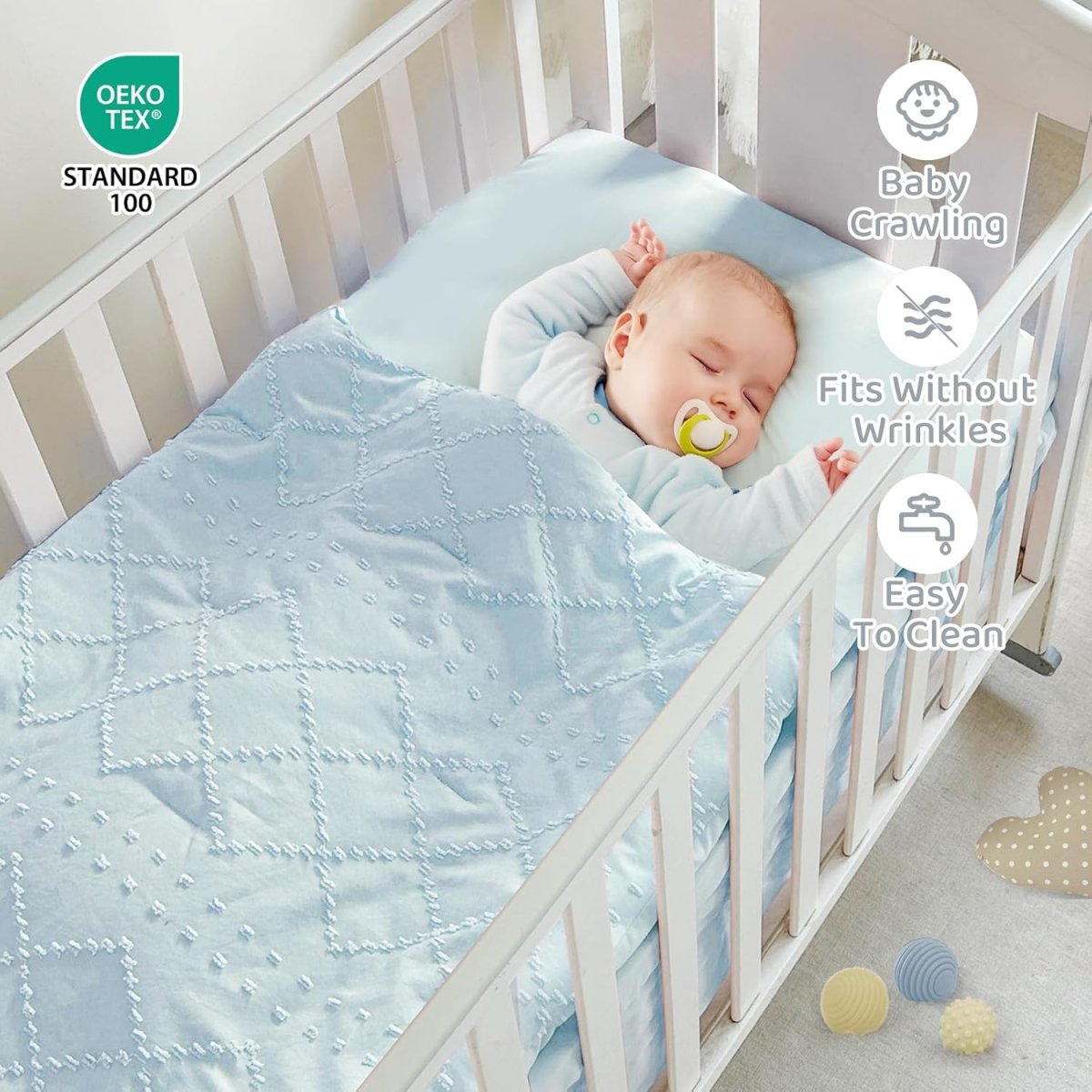 Wowelife Mini Crib Bedding Set for Girls, 3 Piece Tufted Jacquard Ruffle Fringe Baby Girl Crib Bedding Set Newborn, Infant & Nursery with Comforter, Crib Fitted Sheet and Crib Skirt, Blue - LittleTreasures