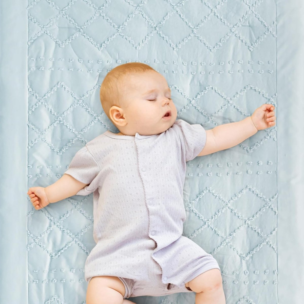 Wowelife Mini Crib Bedding Set for Girls, 3 Piece Tufted Jacquard Ruffle Fringe Baby Girl Crib Bedding Set Newborn, Infant & Nursery with Comforter, Crib Fitted Sheet and Crib Skirt, Blue - LittleTreasures