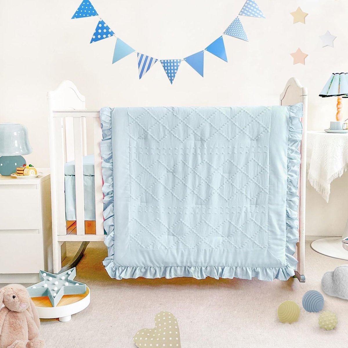 Wowelife Mini Crib Bedding Set for Girls, 3 Piece Tufted Jacquard Ruffle Fringe Baby Girl Crib Bedding Set Newborn, Infant & Nursery with Comforter, Crib Fitted Sheet and Crib Skirt, Blue - LittleTreasures