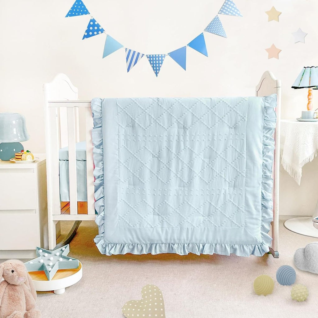 Wowelife Mini Crib Bedding Set for Girls, 3 Piece Tufted Jacquard Ruffle Fringe Baby Girl Crib Bedding Set Newborn, Infant & Nursery with Comforter, Crib Fitted Sheet and Crib Skirt, Blue - LittleTreasures