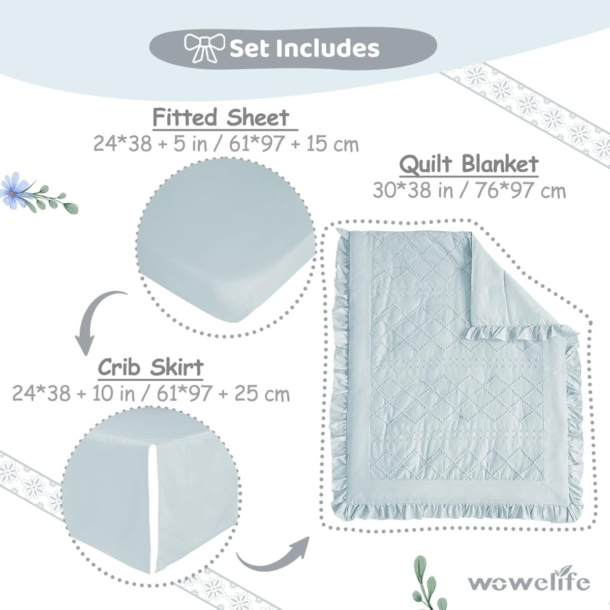 Wowelife Mini Crib Bedding Set for Girls, 3 Piece Tufted Jacquard Ruffle Fringe Baby Girl Crib Bedding Set Newborn, Infant & Nursery with Comforter, Crib Fitted Sheet and Crib Skirt, Blue - LittleTreasures