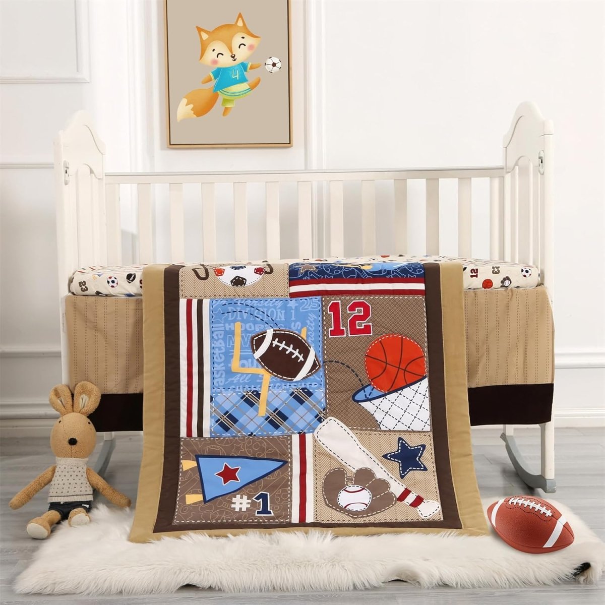 Wowelife Sports Crib Bedding Set, 3 Piece Baby Boy Crib Comforter Set, Baseball Basketball Soccer Nursery Crib Bed Set with Quilted Comforter, Crib Fitted Sheet and Bed Skirt, Brown - LittleTreasures